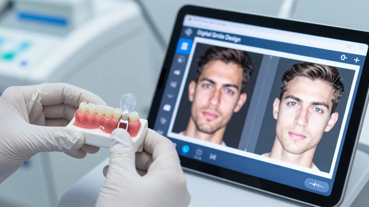 Dentista ukazuje keramickou fazetu na modelu zubu