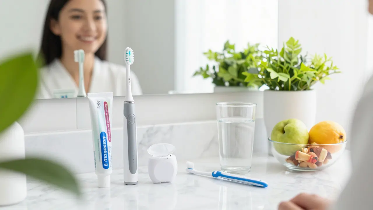 Hygienické potřeby na koupelnovém pultu při ranním světle