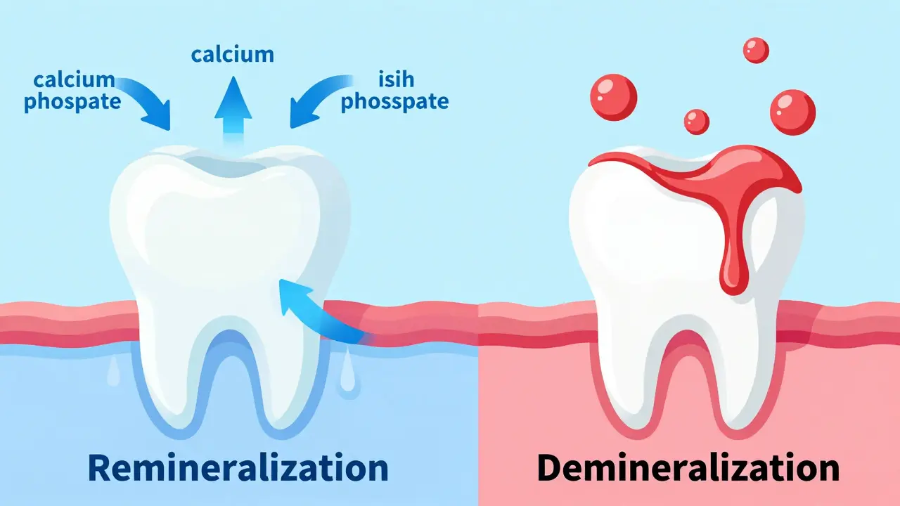 Ilustrace remineralizace a demineralizace zubů