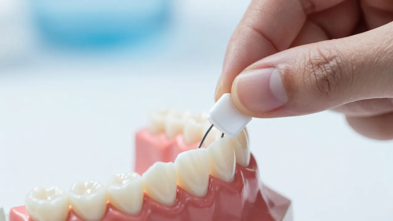 Ruce nanášející ortodontický vosk na drát keramických rovnátek