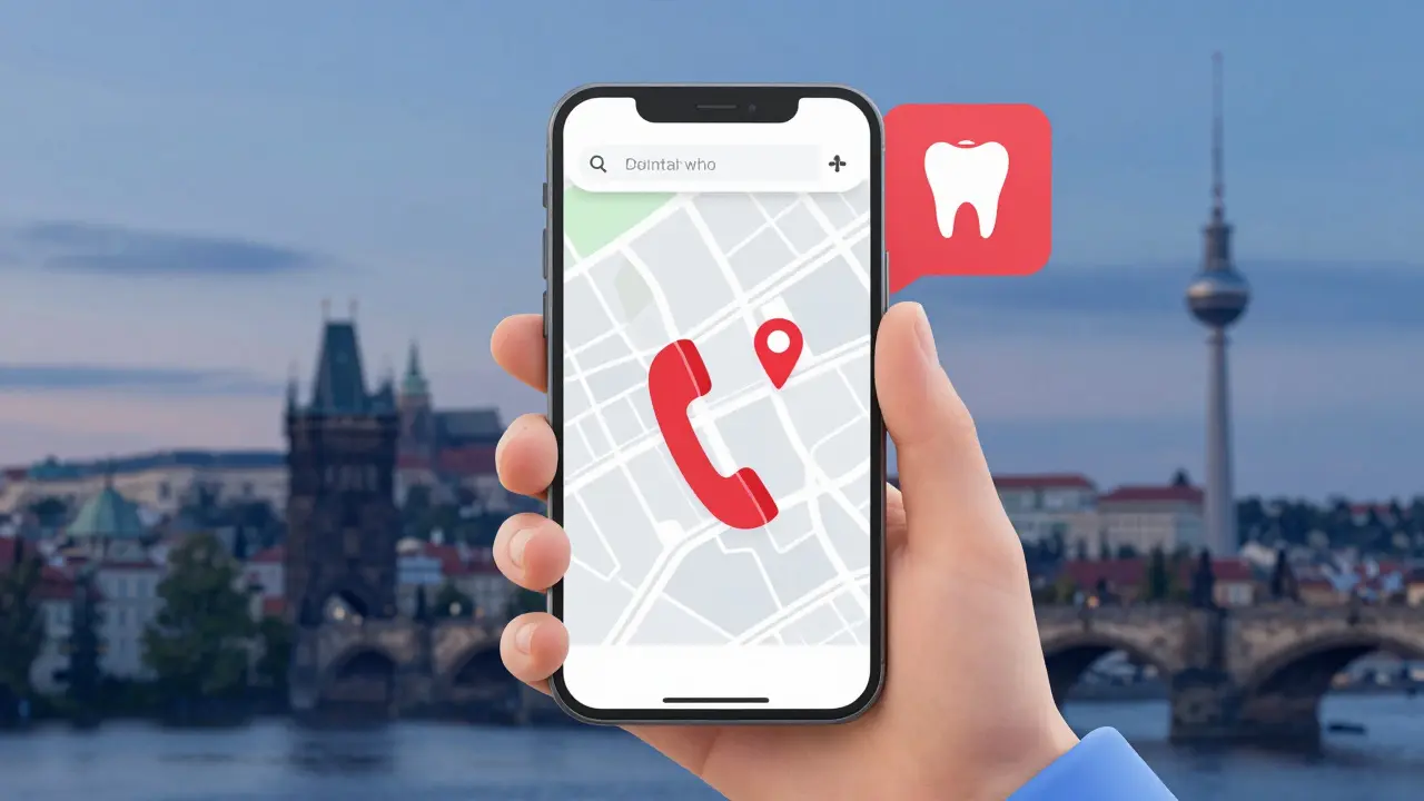 Telefon s mapou zubních pohotovostí a panoramatem Prahy
