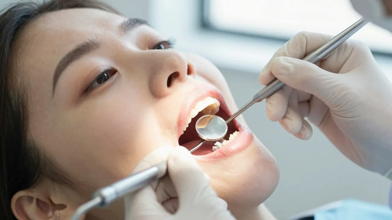 Zubní lékař kontroluje dásně kolem implantátu v klinice