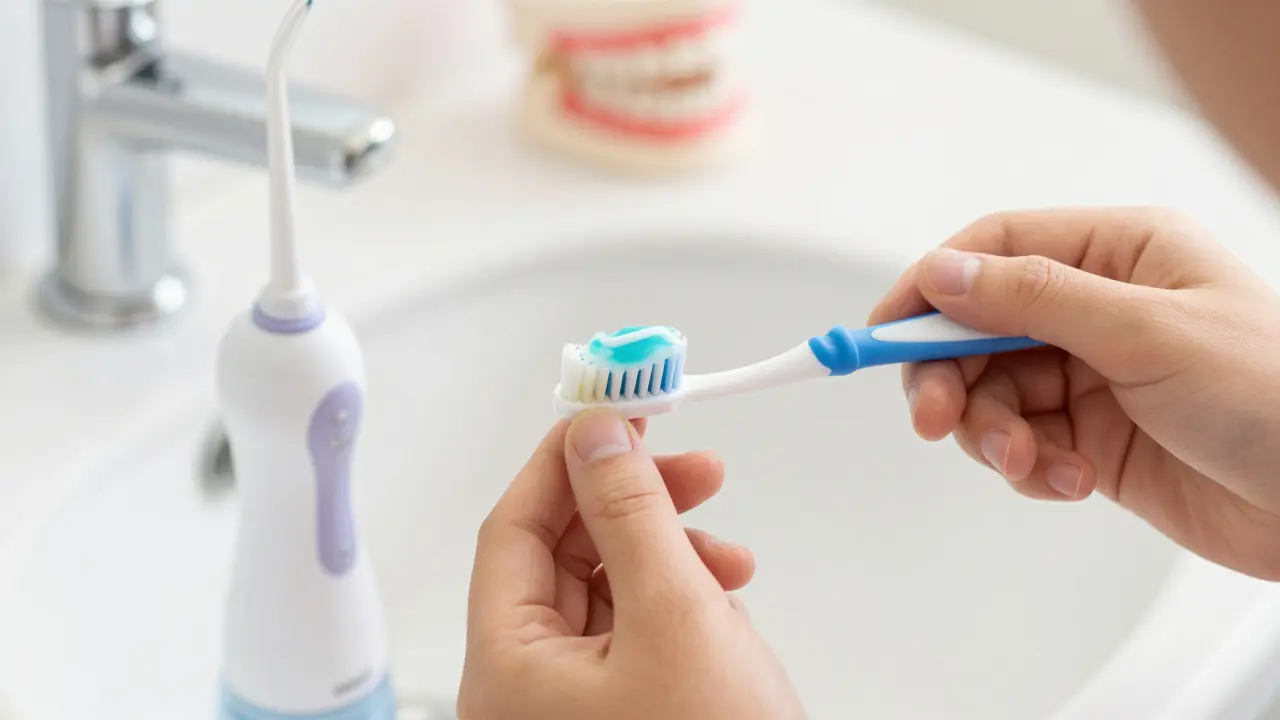 Close-up of dental hygiene tools and ceramic braces requiring careful cleaning