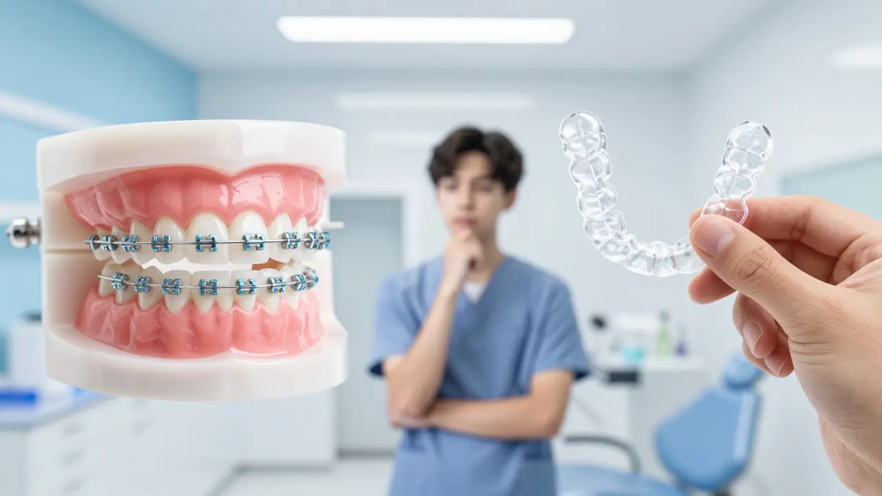 Comparison concept showing fixed ceramic braces versus removable aligners