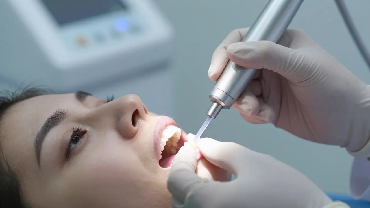Detailní záběr aplikace zubní fazety v budoucí klinice