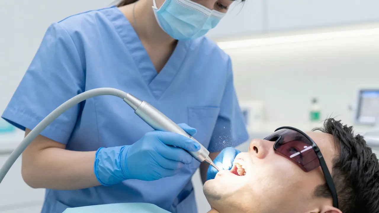 Hygienistka čistí zuby ultrazvukovým skalarem