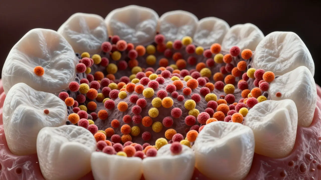 Makro pohled na bakteriální biofilm zubního plaku na zubech