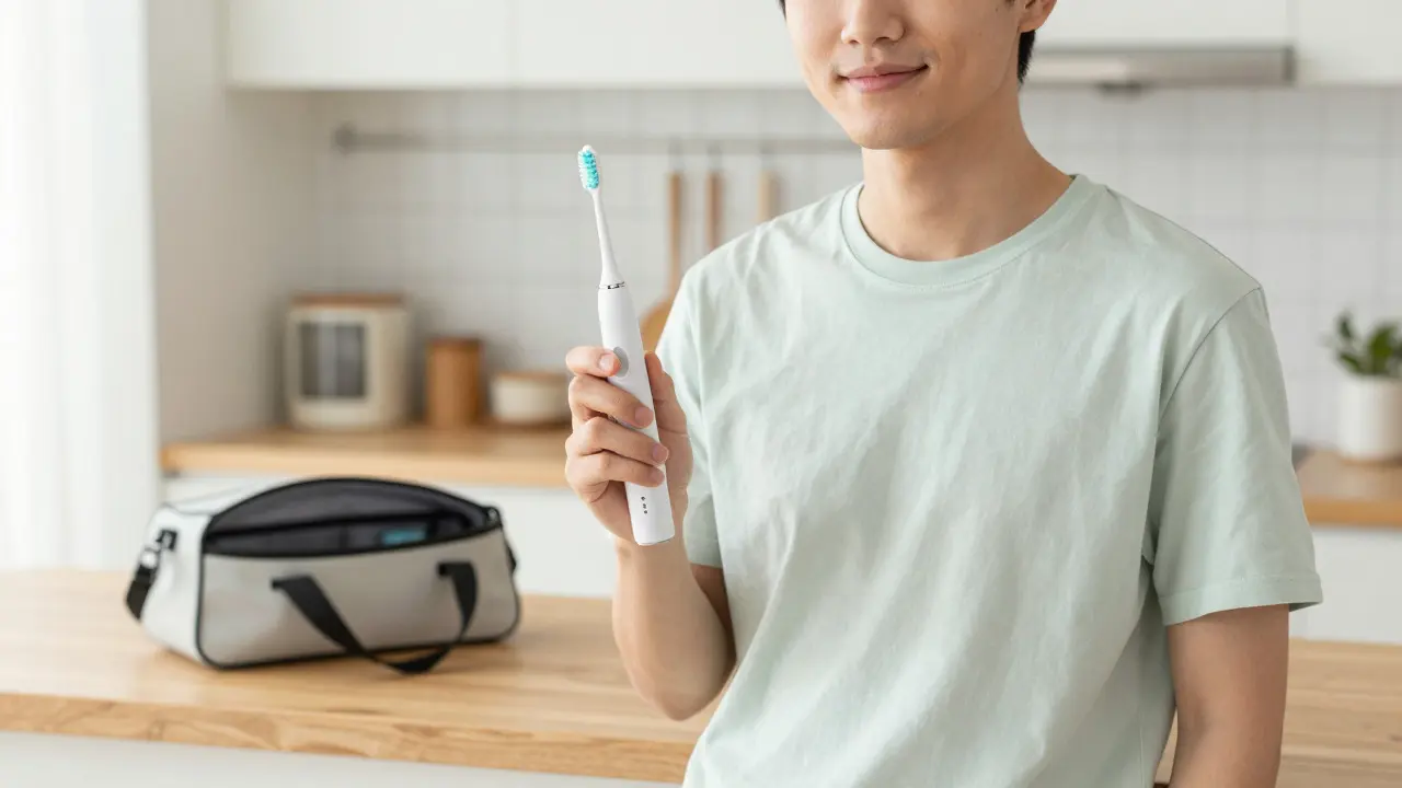 Osoba drží minimalistický elektrický zubní kartáček v moderní kuchyni