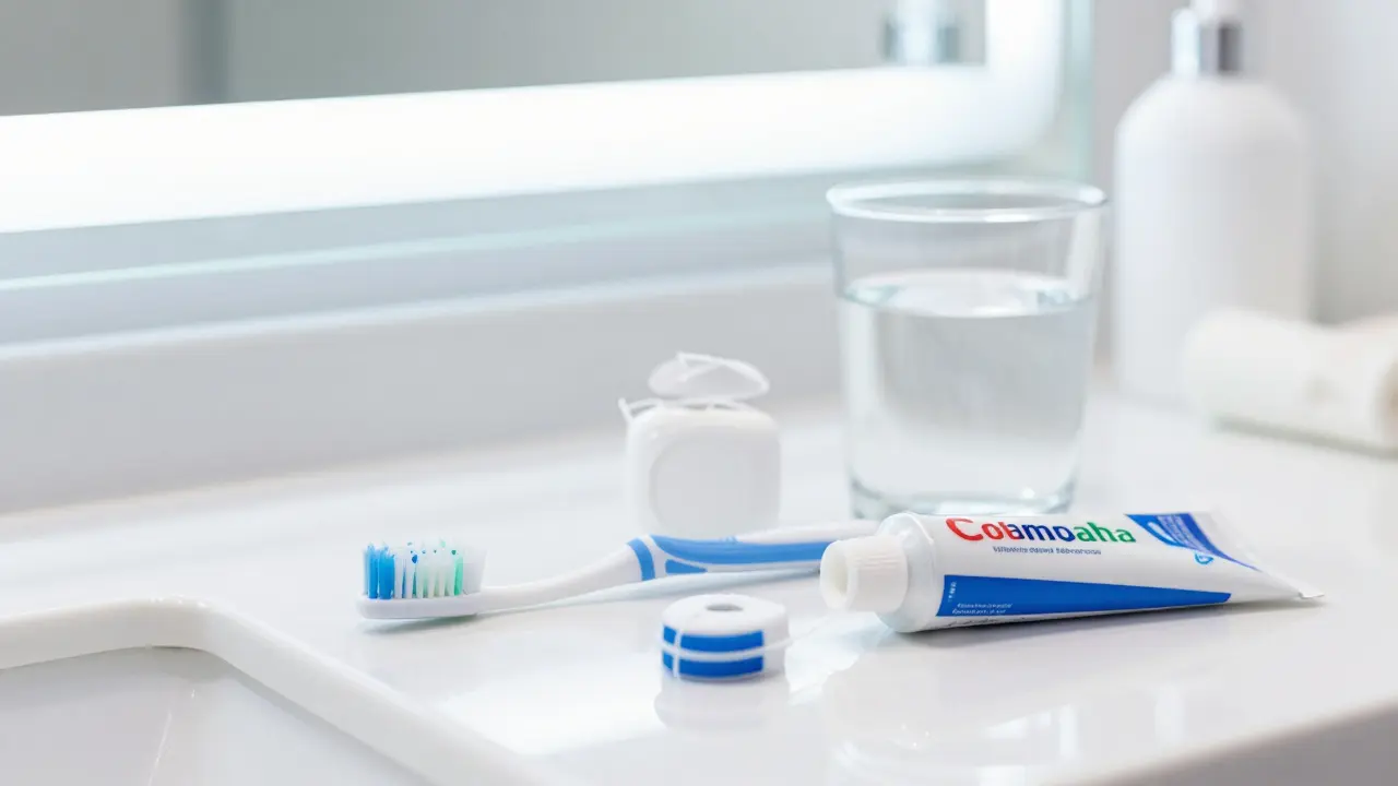 Uspořádané hygienické potřeby pro čištění zubů na umyvadle