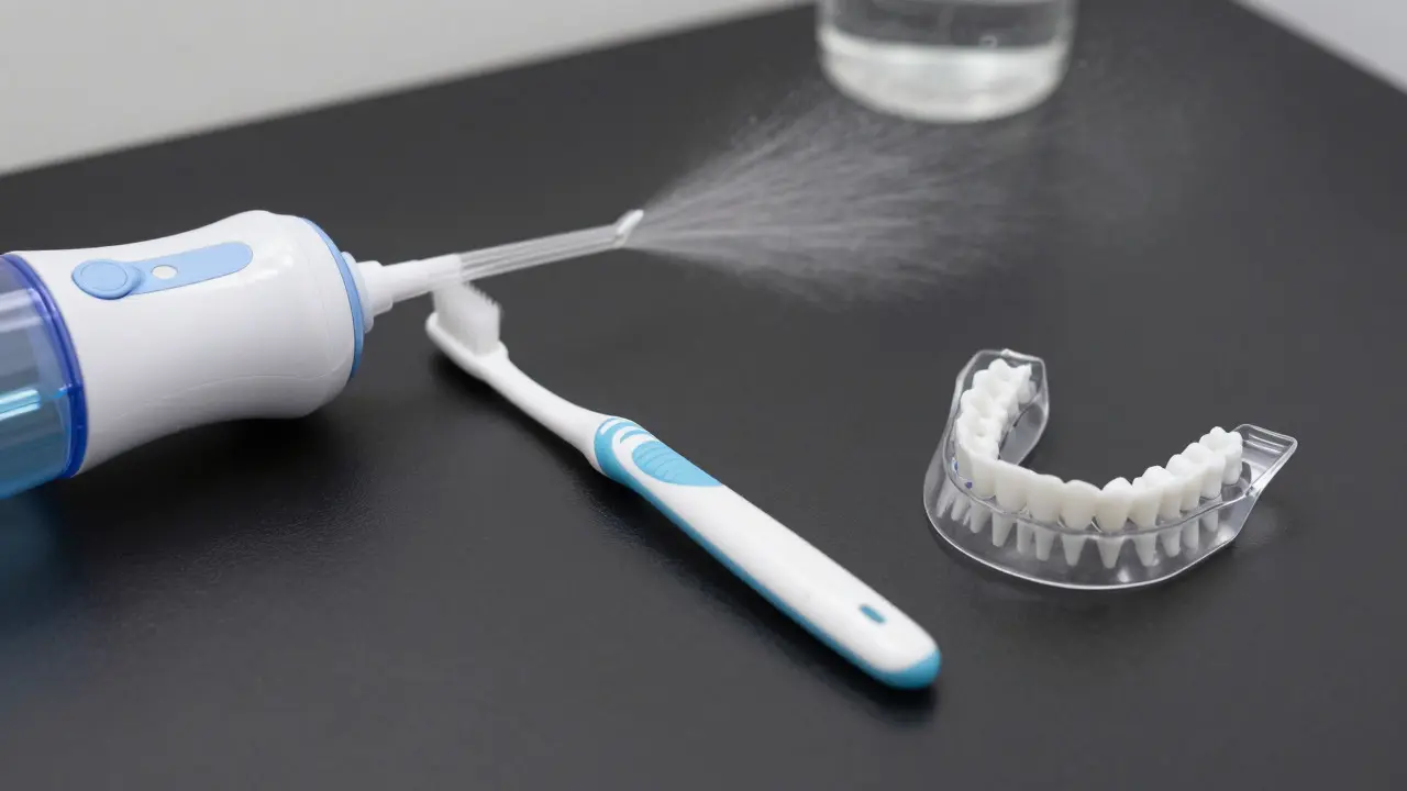 Hygienické pomůcky: mezizubní kartáček, irigátor a noční chránič