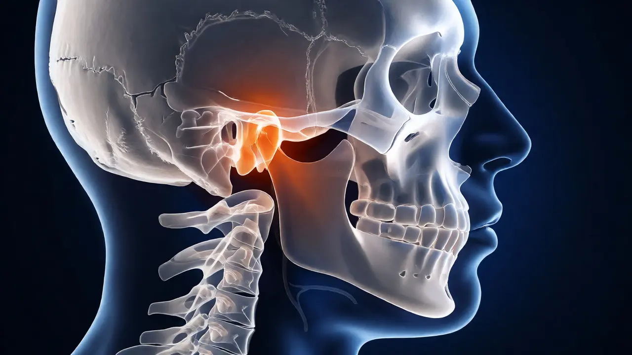 Anatomická ilustrace lebky ukazující skeletální předkus a čelistní kloub.