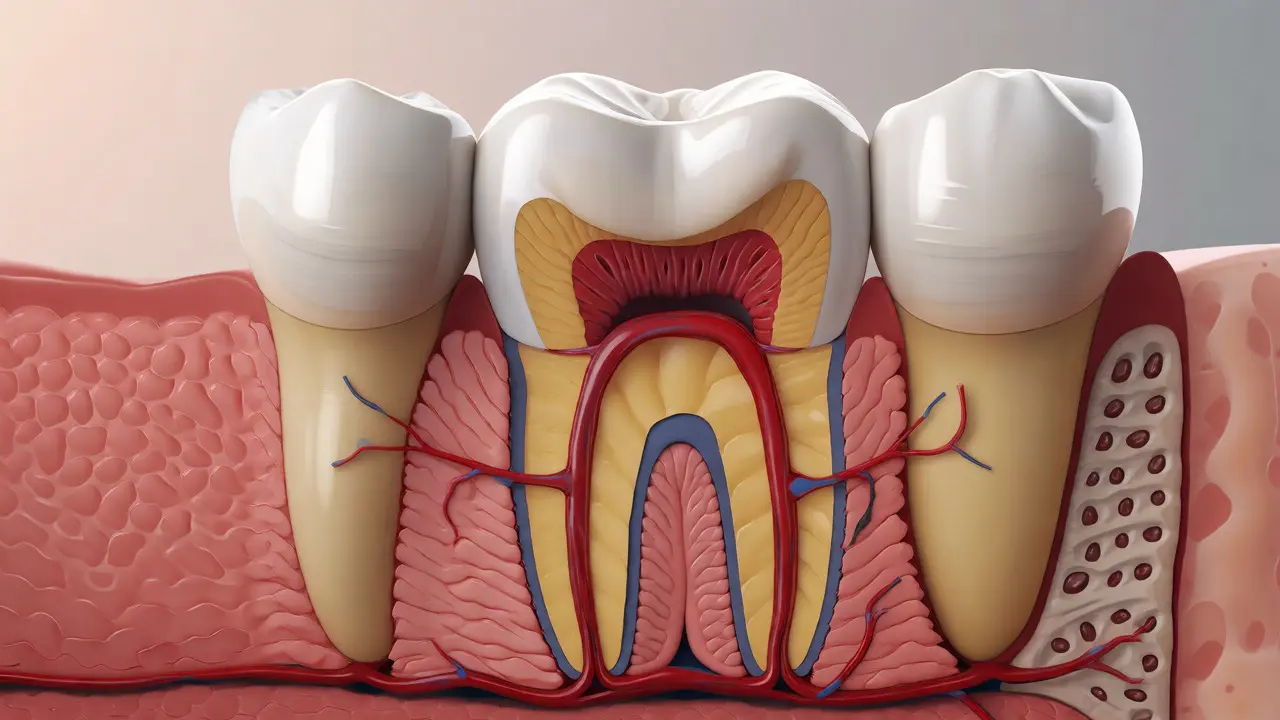 Anatomický řez zubem s viditelnou sklovinou, dentinem a dření