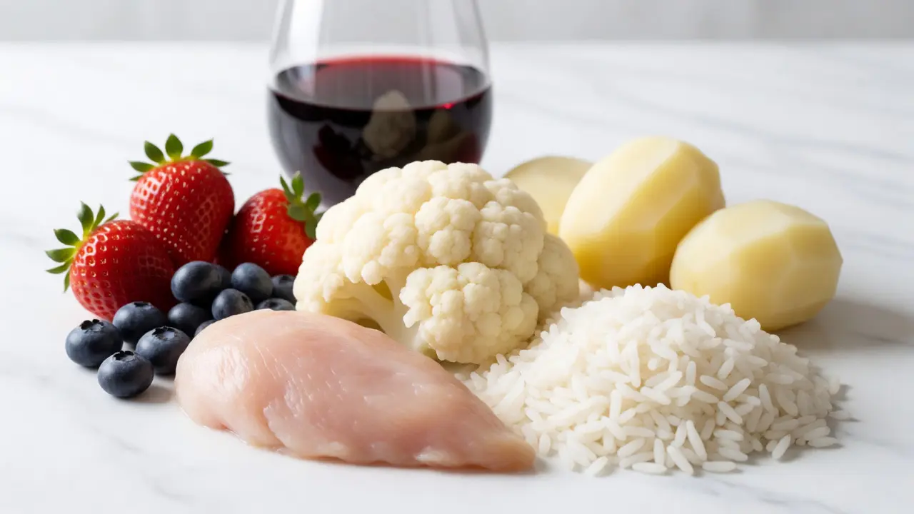 Bílá dieta s kuřecím masem a zeleninou vedle zakázaného ovoce