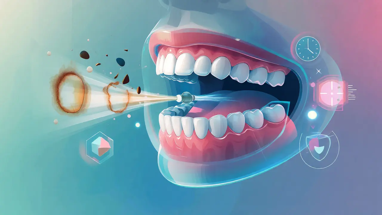 Ilustrace kroků dentální hygieny s důrazem na odstranění plaku a fluoridaci