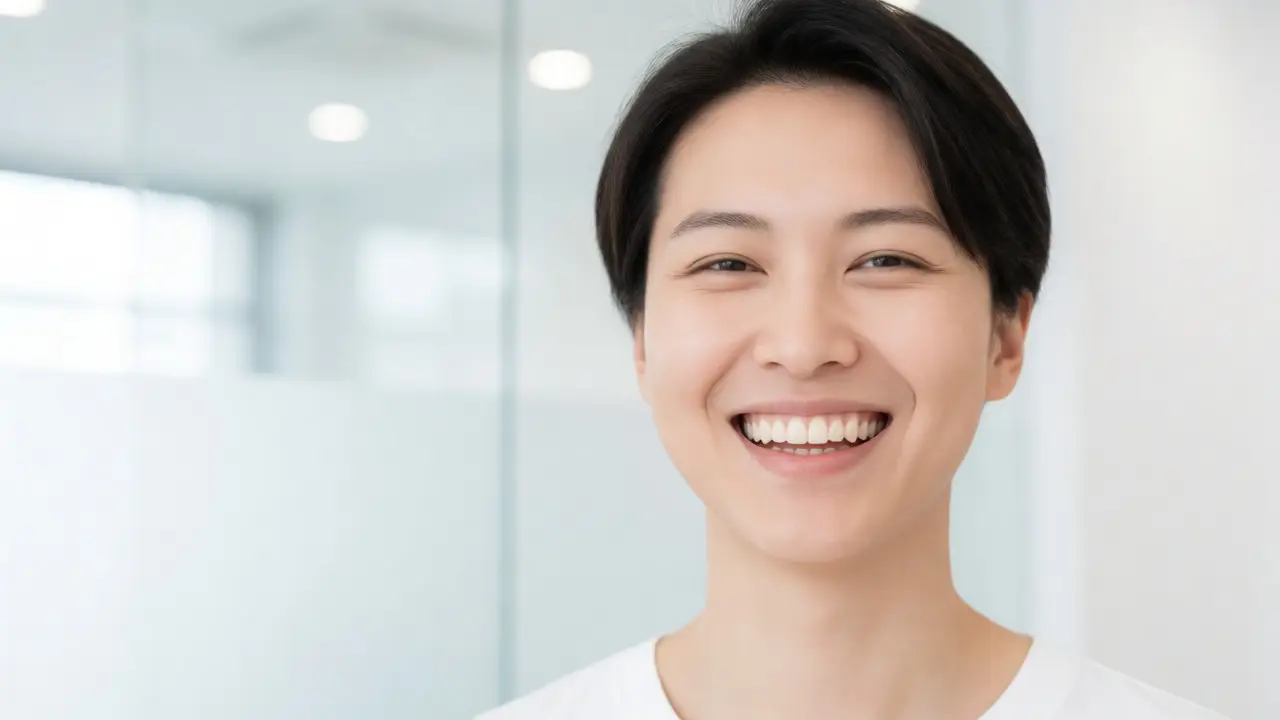 Široký úsměv s perfektními porcelánovými facety v moderním prostředí.