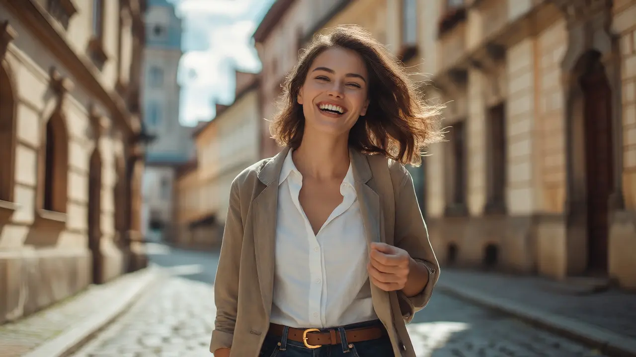 Spokojená žena s krásným úsměvem procházející ulicemi Brna