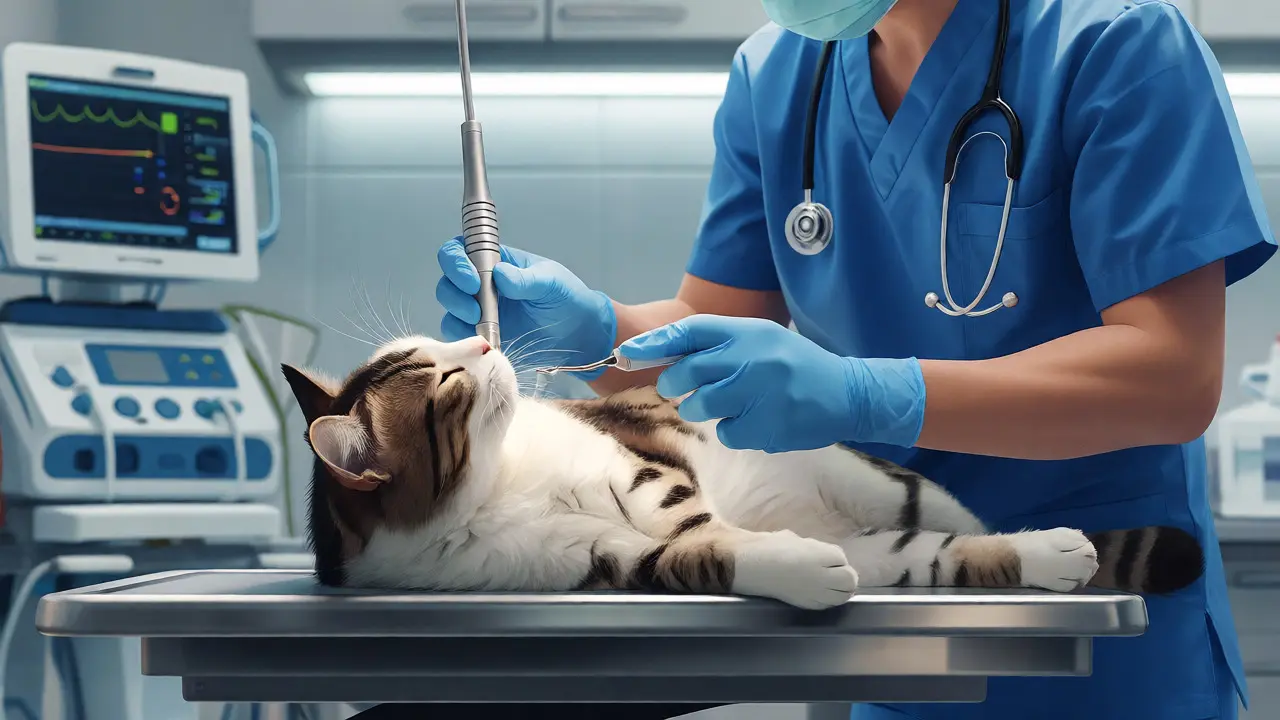 Veterinář provádí ultrazvukové odstranění zubního kamene