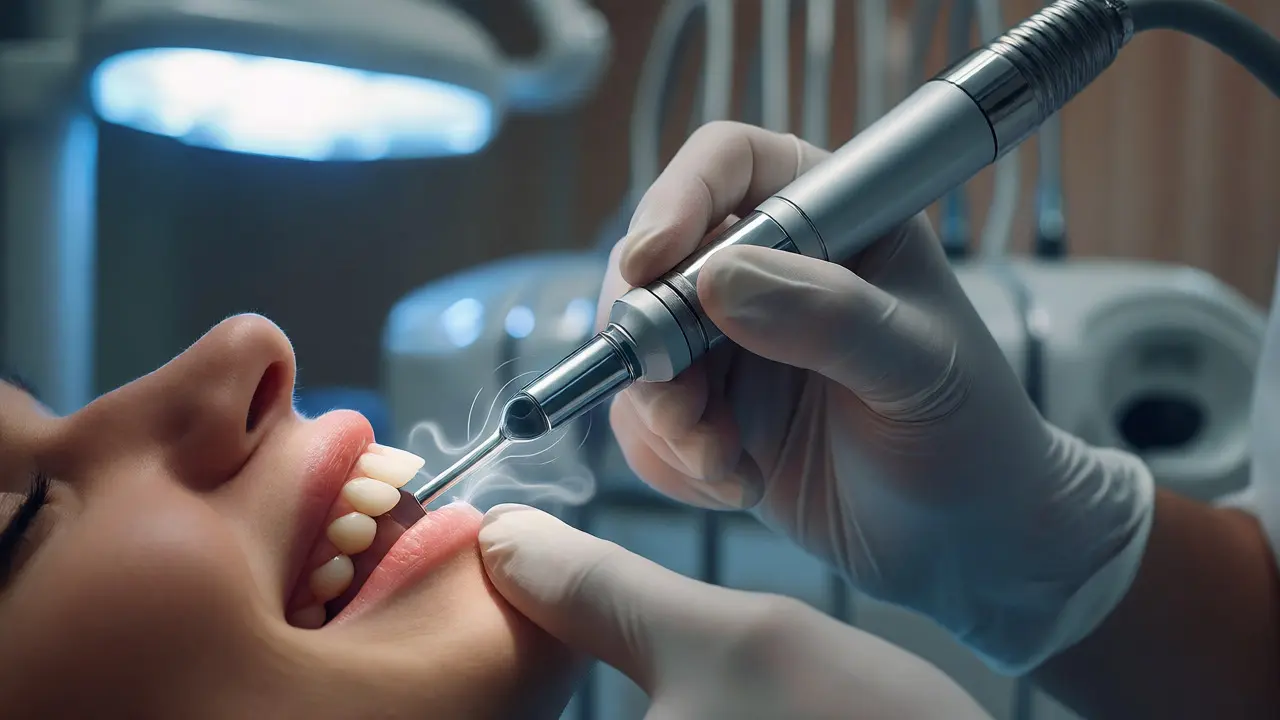 Zubní hygienista používá ultrazvukový přístroj k odstranění tvrdého zubního kamene pod dásní.