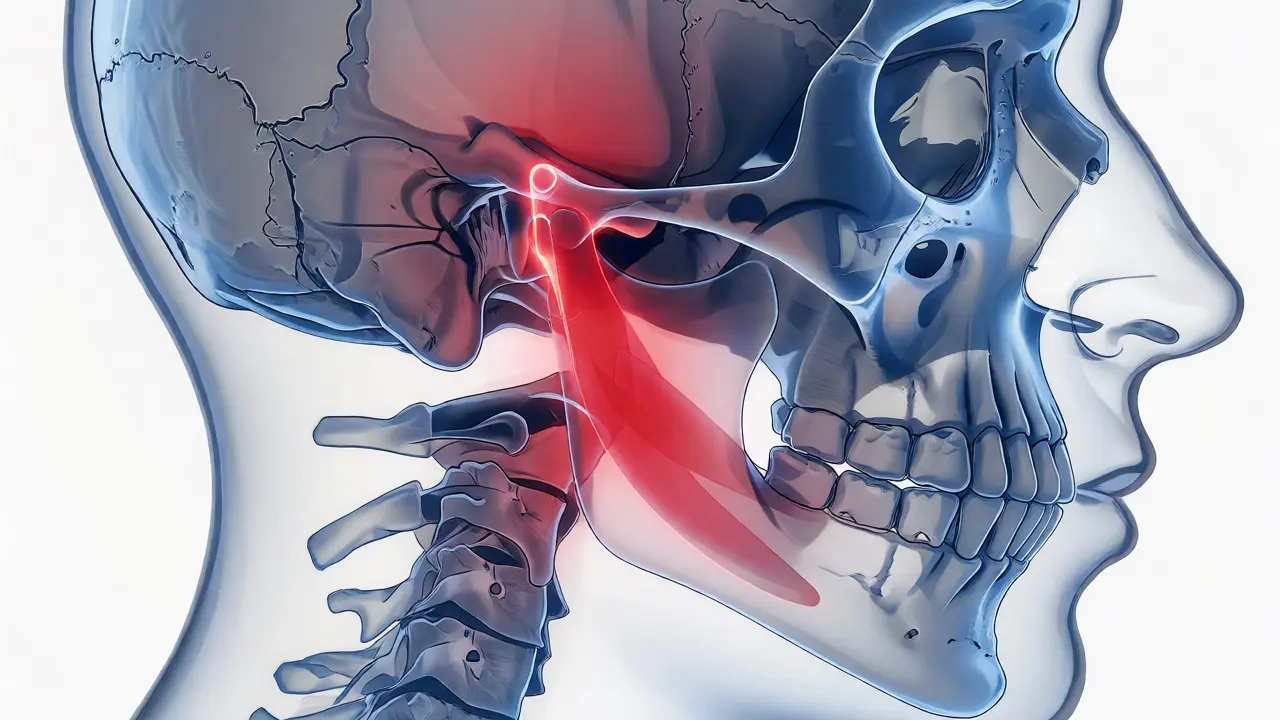 Anatomické znázornění nesprávného skusu a napětí v kloubech TMJ