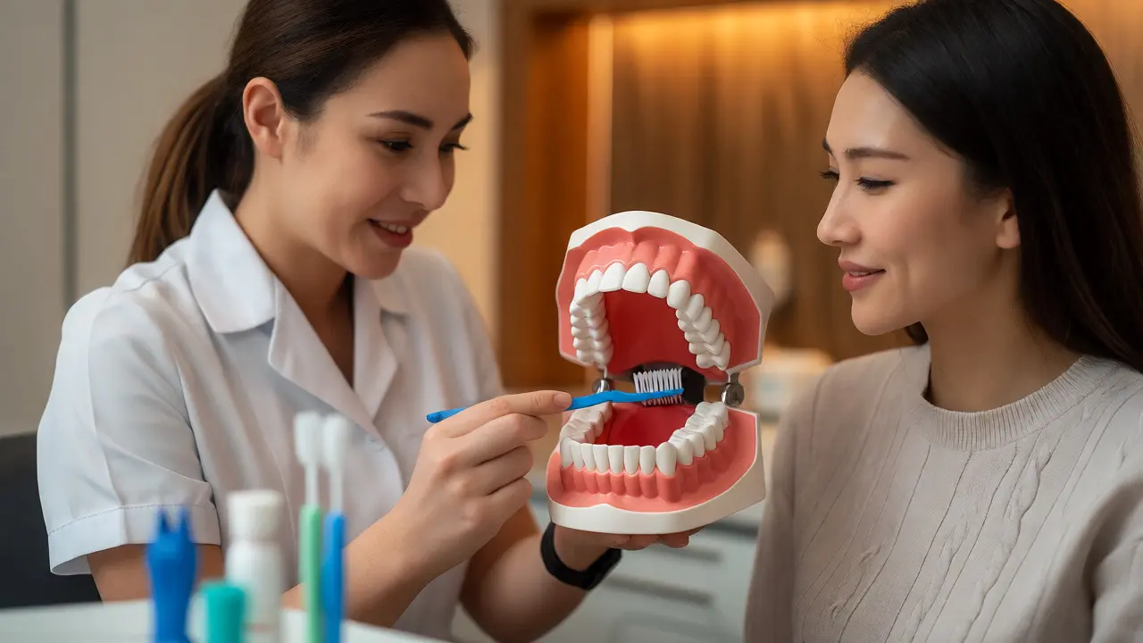 Hygienistka vysvětluje správnou techniku čištění zubů na modelu chrupu.