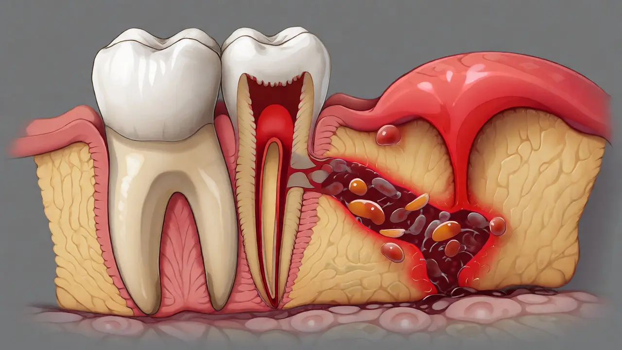 Medicínská ilustrace zánětu okostice kolem kořene zubu