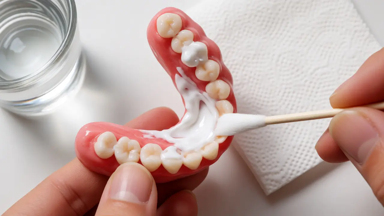 Nanášení dentálního fixačního krému na vnitřní stranu zubní náhrady.