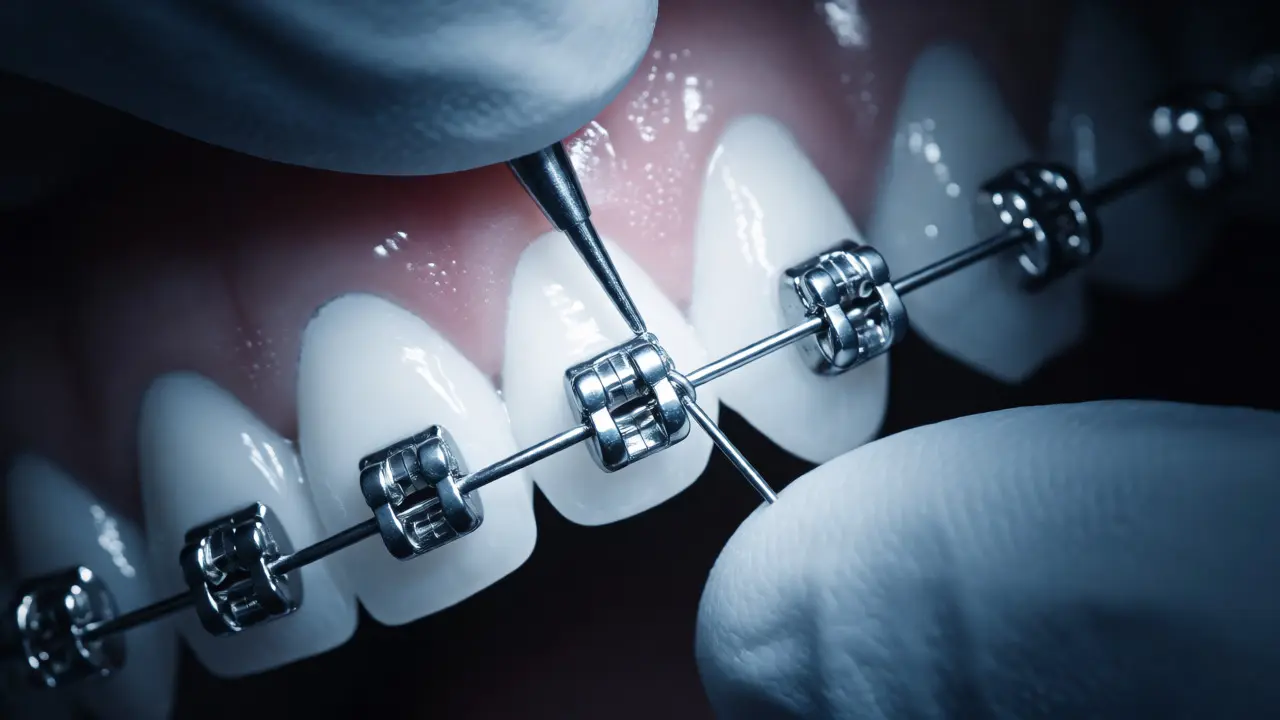 Ortodontista upravuje drátek fixních rovnátek s důrazem na preciznost.
