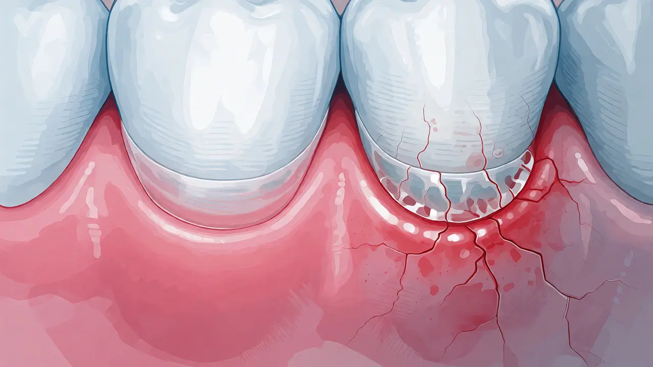 Porovnání bezpečného dentálního lepidla a rizikového vteřinového lepidla na dásni.