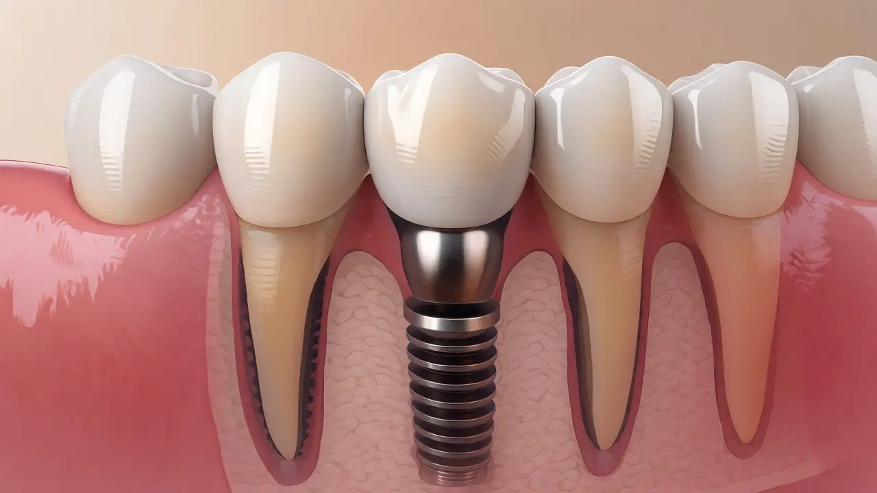 Řez korunou na implantátu ukazující keramickou část a titanový kořen v kosti a dásni.