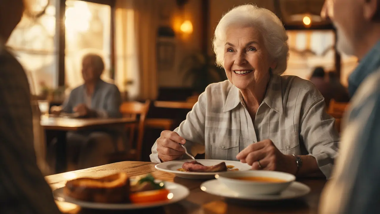 Senior s jistotou jí v restauraci díky dobře padnoucí protézě