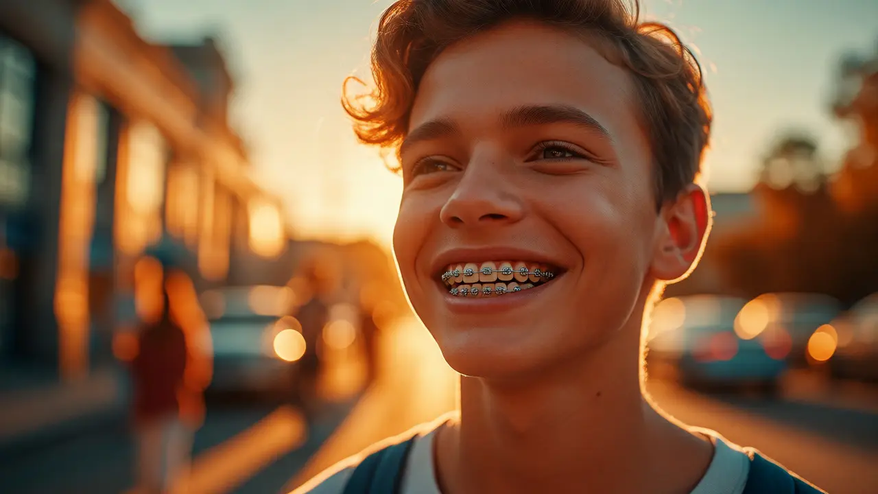Teenager s kovovými rovnátky se sebevědomě usmívá ve městě za soumraku.