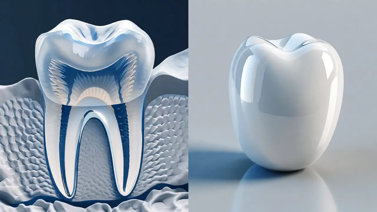 Umělecké znázornění rozdílu v struktuře přírodního zubu a porcelánu