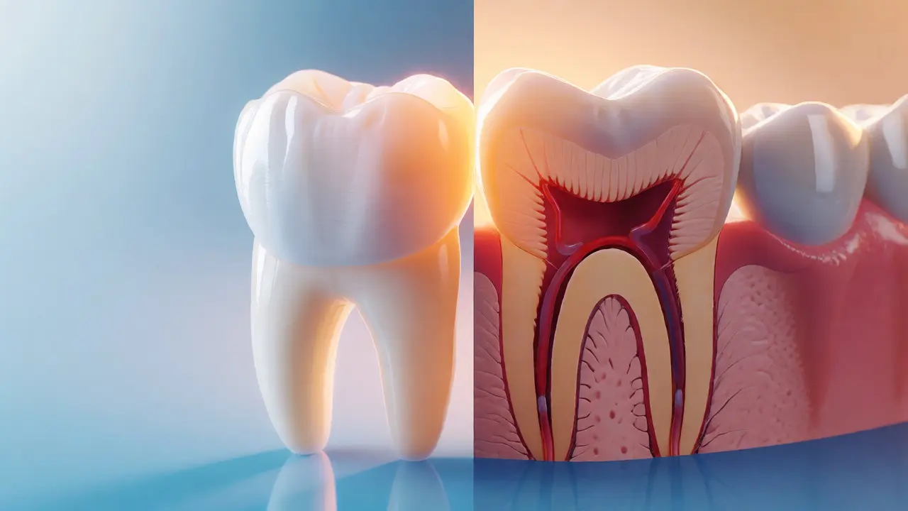 Umělecké znázornění zdravého úsměvu vedle anatomického řezu zubem.