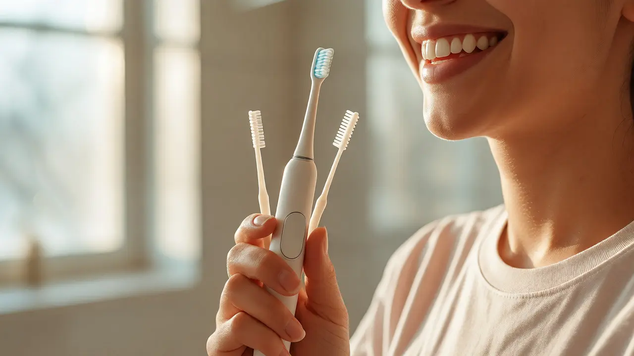 Úsměvná osoba s elektrickým kartáčkem po dentální hygieně.