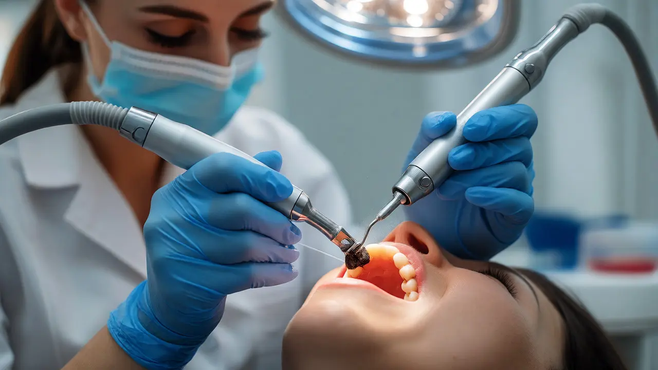 Zubní hygienistka odstraňuje kámen ultrazvukem